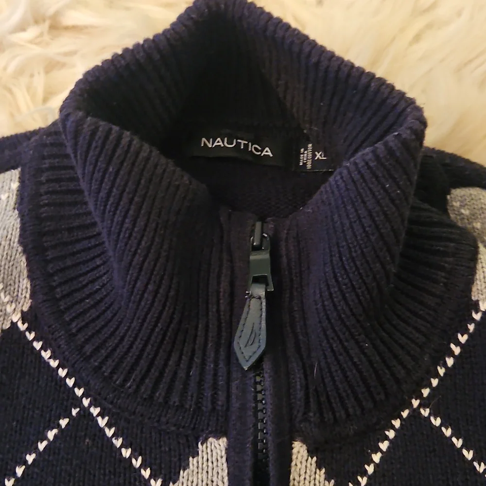 Nautica Navy Argyle Half-Zip Sweater – Size XL